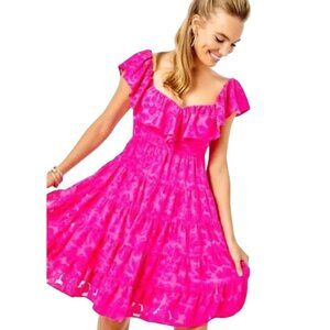 Authentic $228 Lilly Pulitzer Emie Ruffle Trim Dress in Berry Soiree Size S